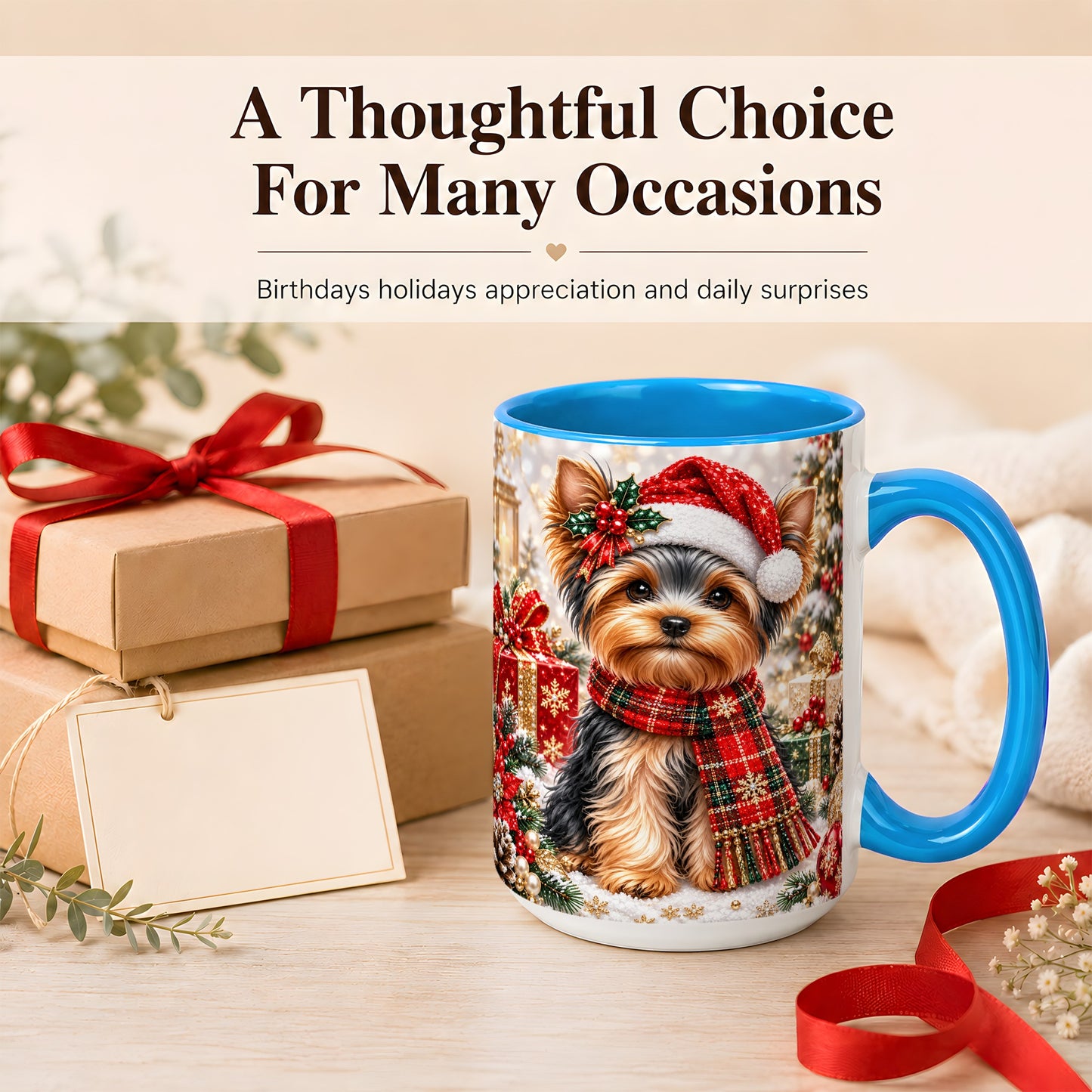 #pl[15oz|Blue] Christmas Yorkie Coffee Mug, Santa Dog Mug, Ceramic Cup