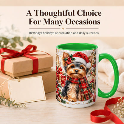 #pl[15oz|Green] Christmas Yorkie Coffee Mug, Santa Dog Mug, Ceramic Cup
