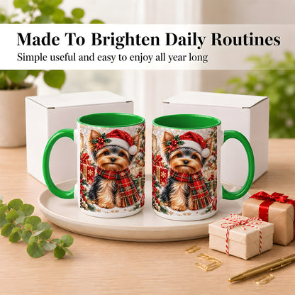 #pl[15oz|Green] Christmas Yorkie Coffee Mug, Santa Dog Mug, Ceramic Cup
