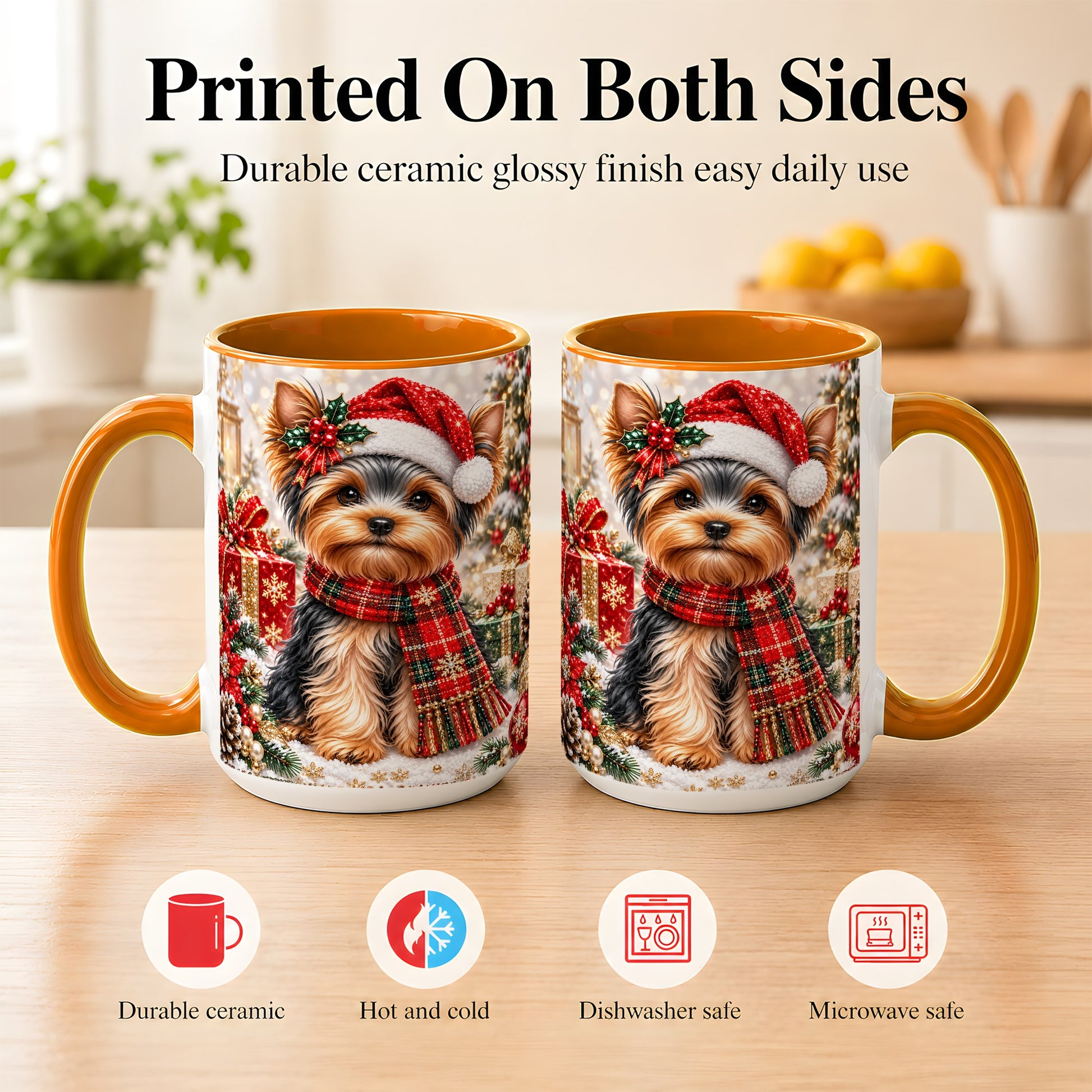 #pl[15oz|Orange] Christmas Yorkie Coffee Mug, Santa Dog Mug, Ceramic Cup
