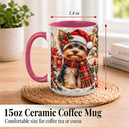 #pl[15oz|Pink] Christmas Yorkie Coffee Mug, Santa Dog Mug, Ceramic Cup