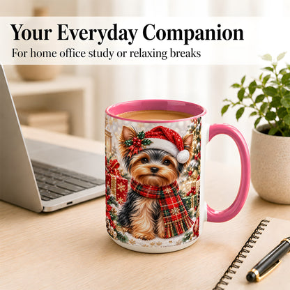 #pl[15oz|Pink] Christmas Yorkie Coffee Mug, Santa Dog Mug, Ceramic Cup