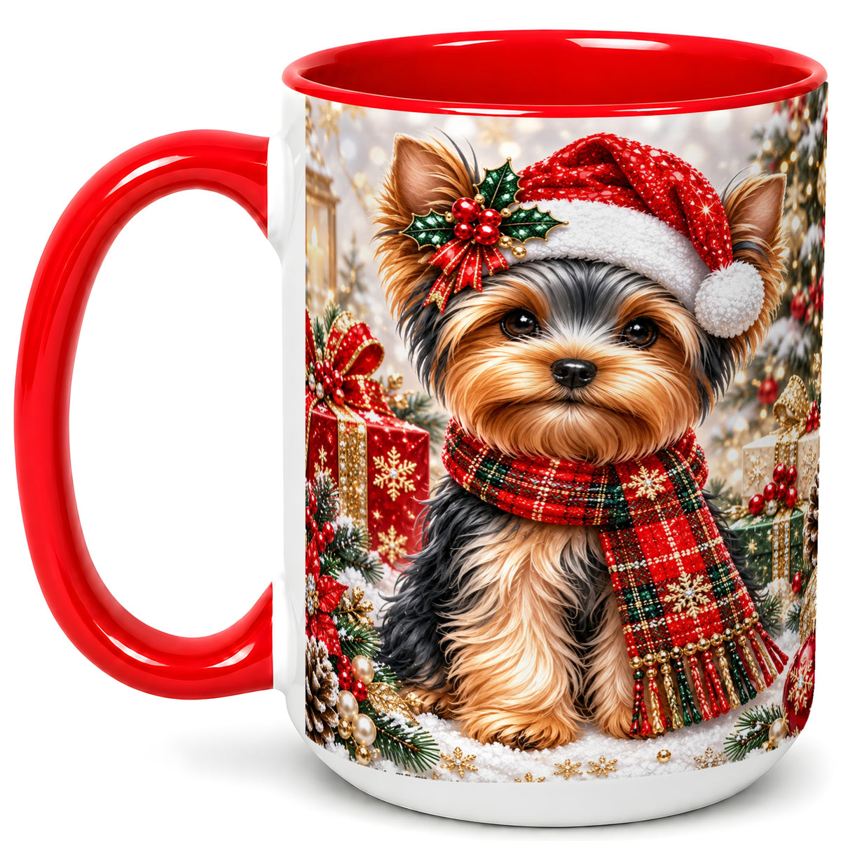#pl[15oz|Red] Christmas Yorkie Coffee Mug, Santa Dog Mug, Ceramic Cup