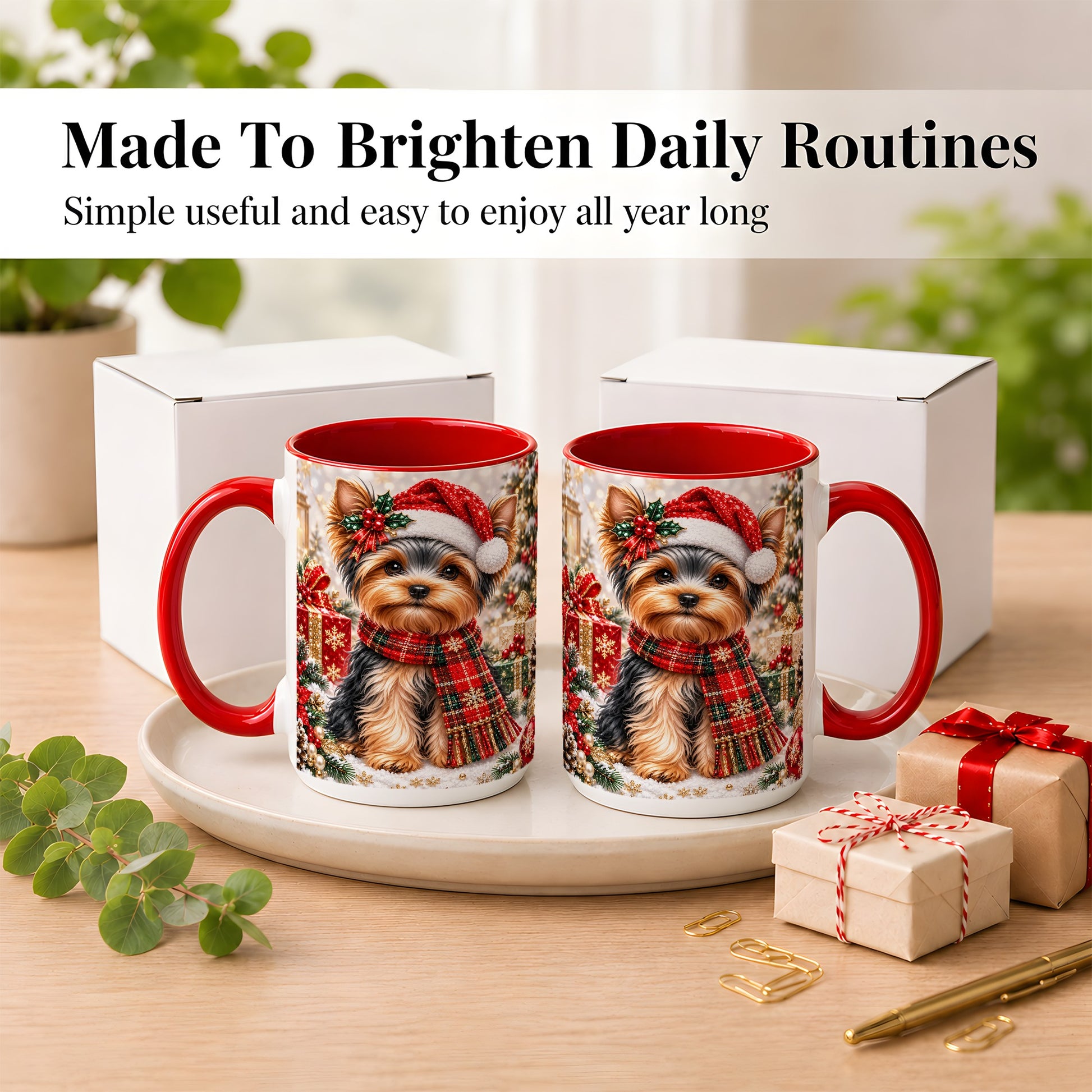 #pl[15oz|Red] Christmas Yorkie Coffee Mug, Santa Dog Mug, Ceramic Cup