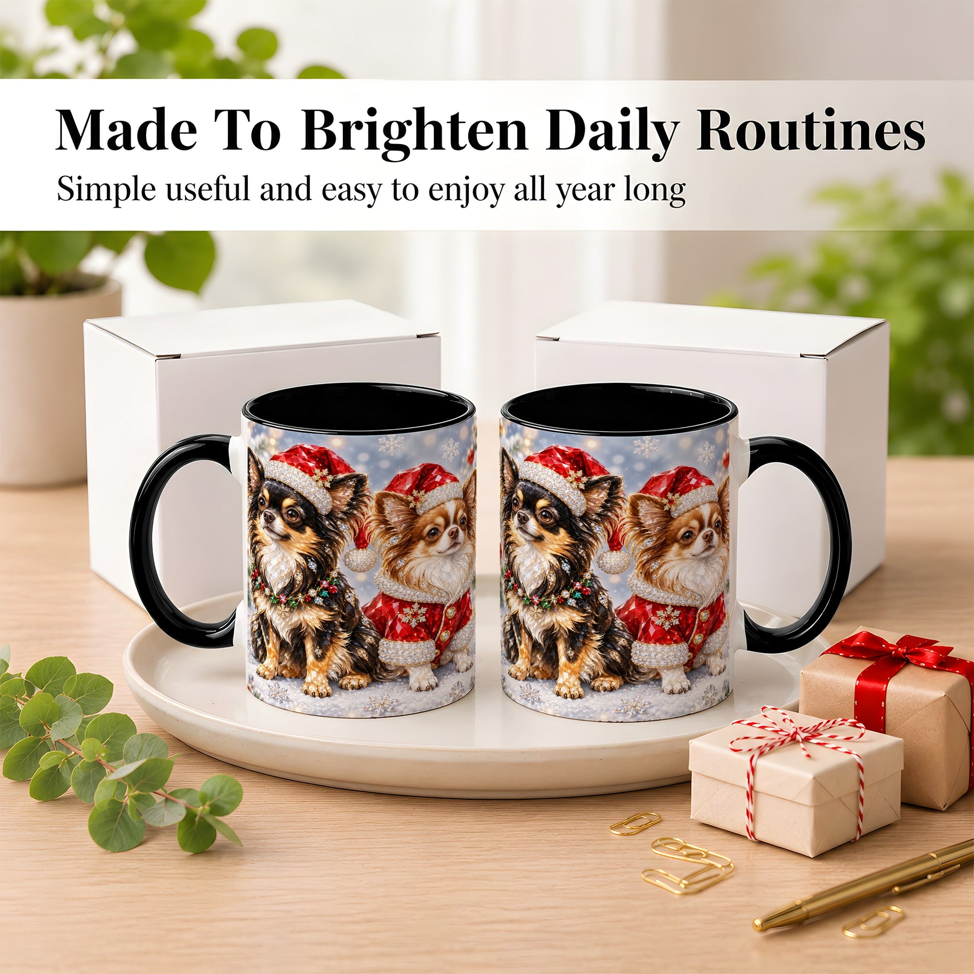 #pl[11oz|Black] Christmas Chihuahua Coffee Mug, Jeweled Dog Mug, Ceramic Cup