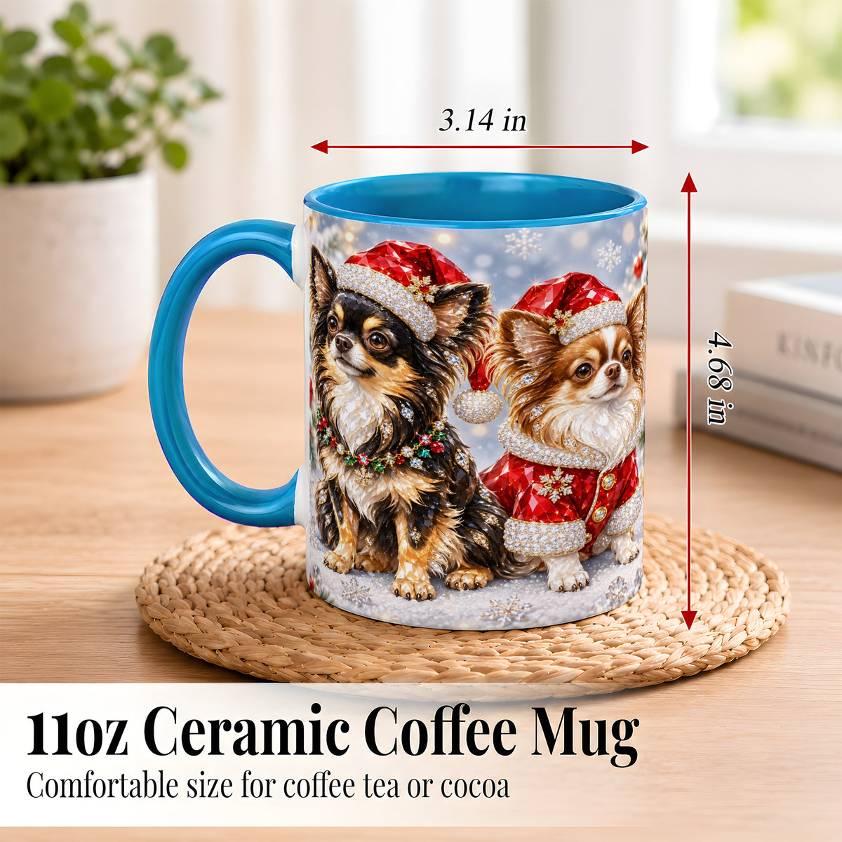#pl[11oz|Blue] Christmas Chihuahua Coffee Mug, Jeweled Dog Mug, Ceramic Cup