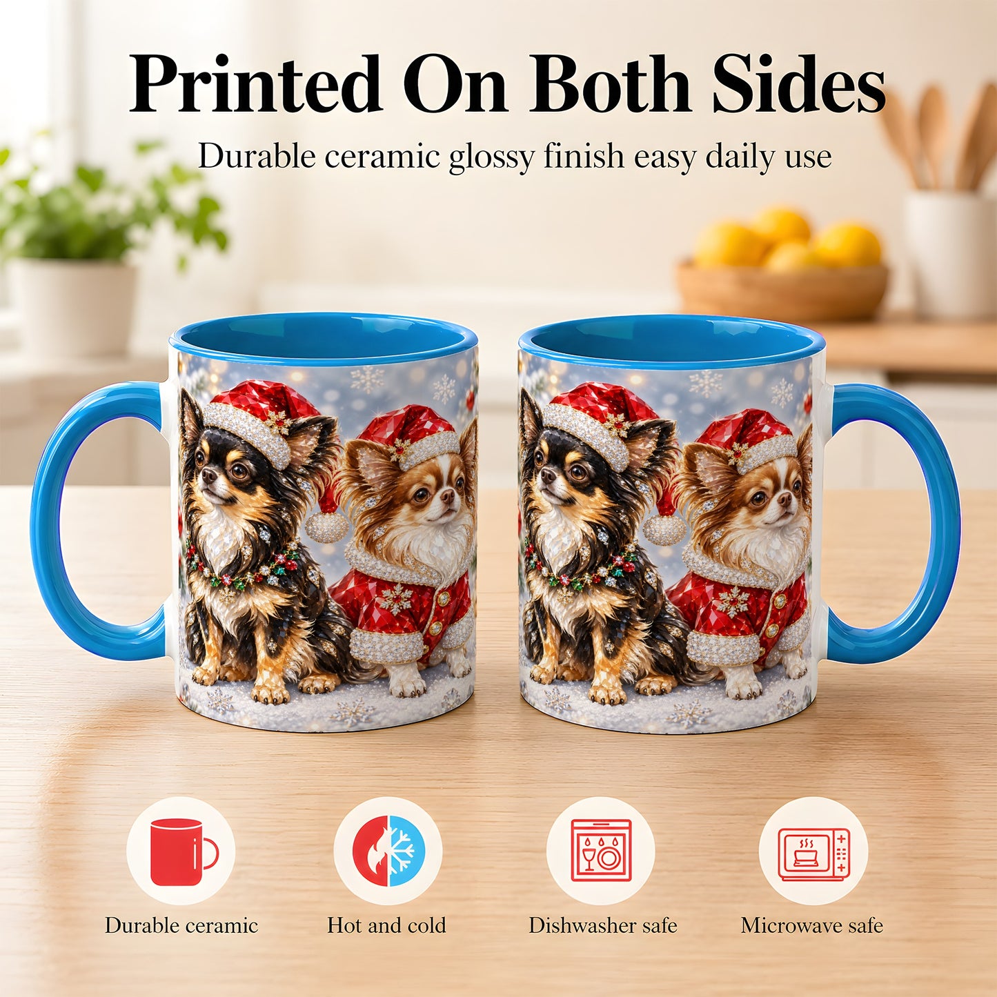 #pl[11oz|Blue] Christmas Chihuahua Coffee Mug, Jeweled Dog Mug, Ceramic Cup