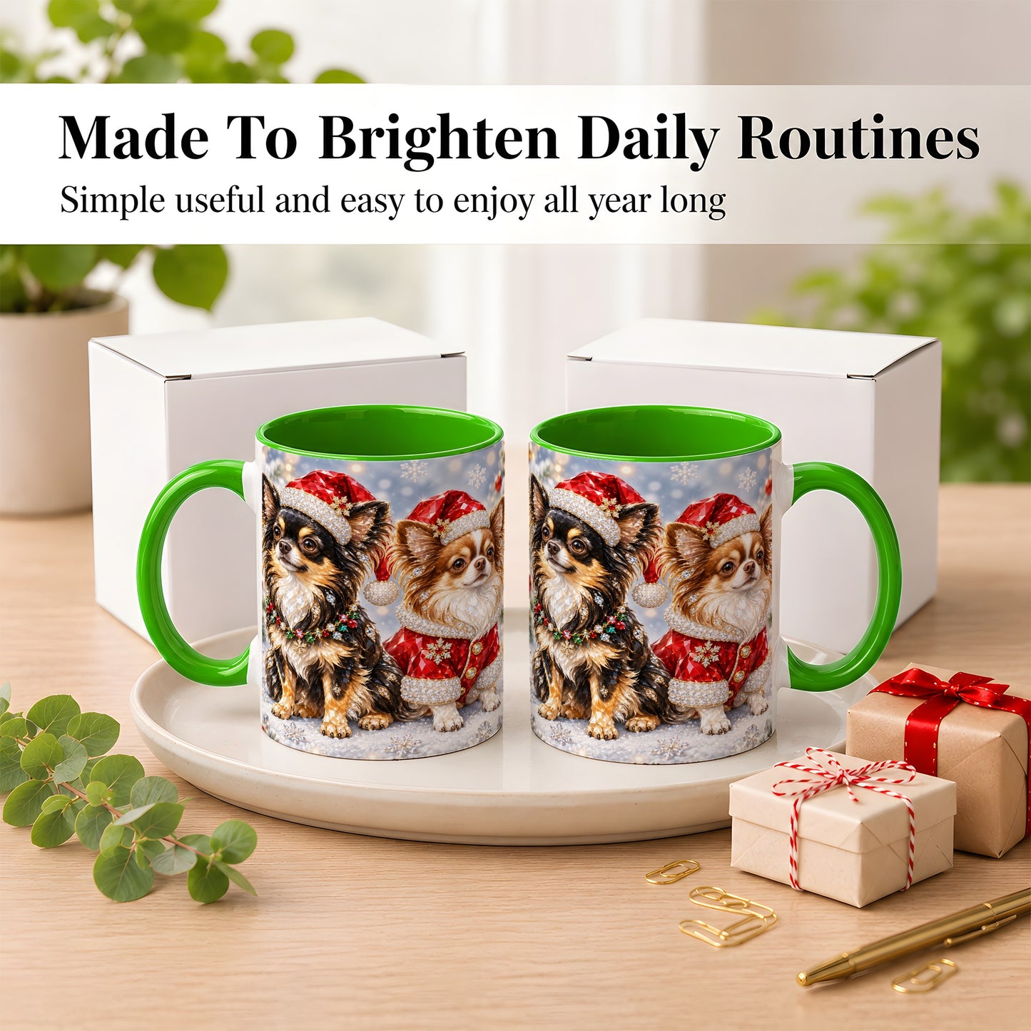 #pl[11oz|Green] Christmas Chihuahua Coffee Mug, Jeweled Dog Mug, Ceramic Cup