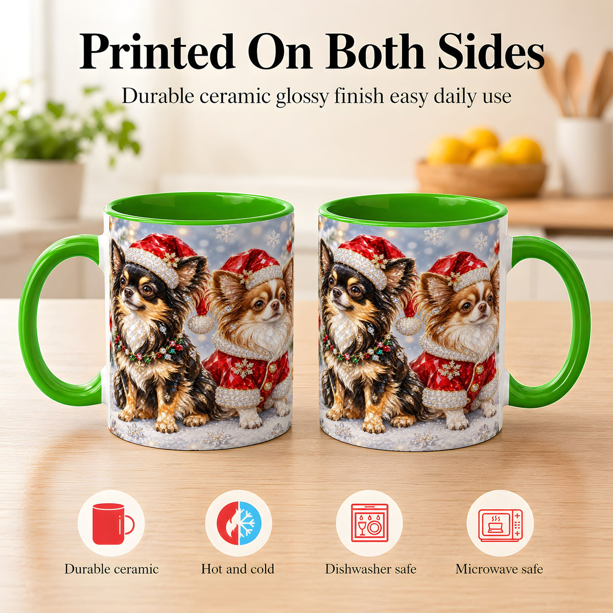 #pl[11oz|Green] Christmas Chihuahua Coffee Mug, Jeweled Dog Mug, Ceramic Cup