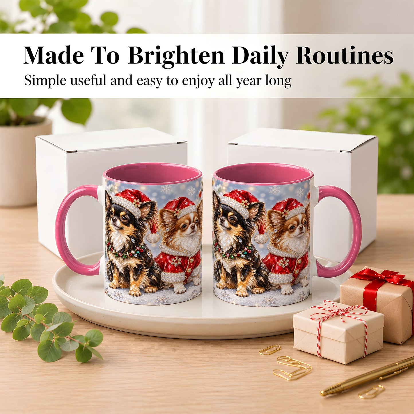 #pl[11oz|Pink] Christmas Chihuahua Coffee Mug, Jeweled Dog Mug, Ceramic Cup