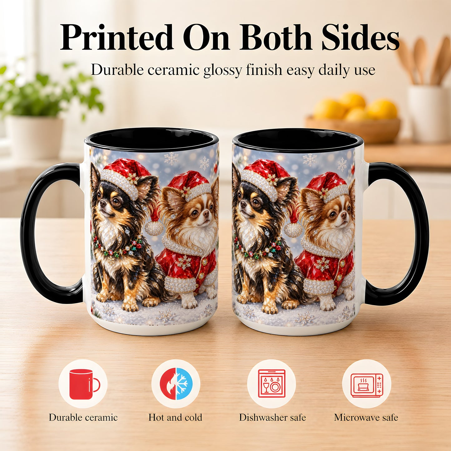 #pl[15oz|Black] Christmas Chihuahua Coffee Mug, Jeweled Dog Mug, Ceramic Cup