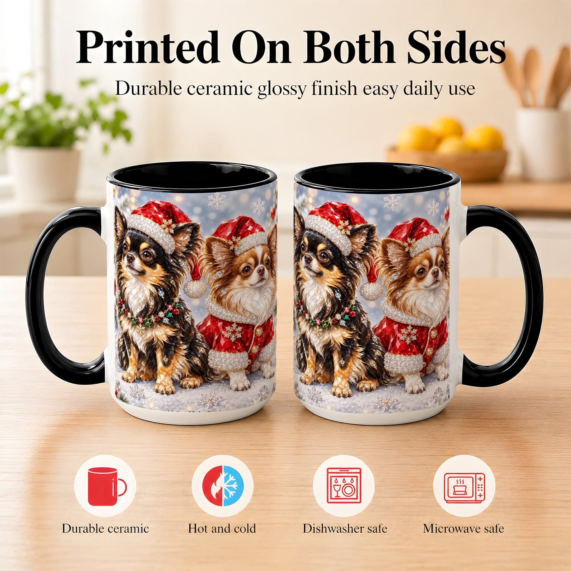 #pl[15oz|Black] Christmas Chihuahua Coffee Mug, Jeweled Dog Mug, Ceramic Cup