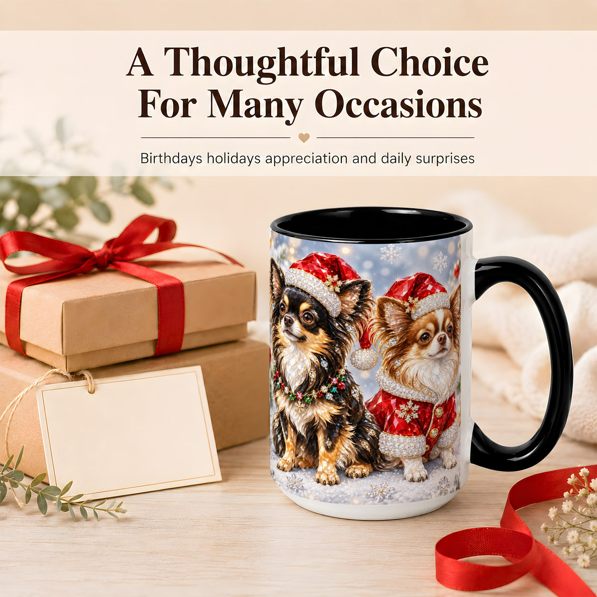 #pl[15oz|Black] Christmas Chihuahua Coffee Mug, Jeweled Dog Mug, Ceramic Cup