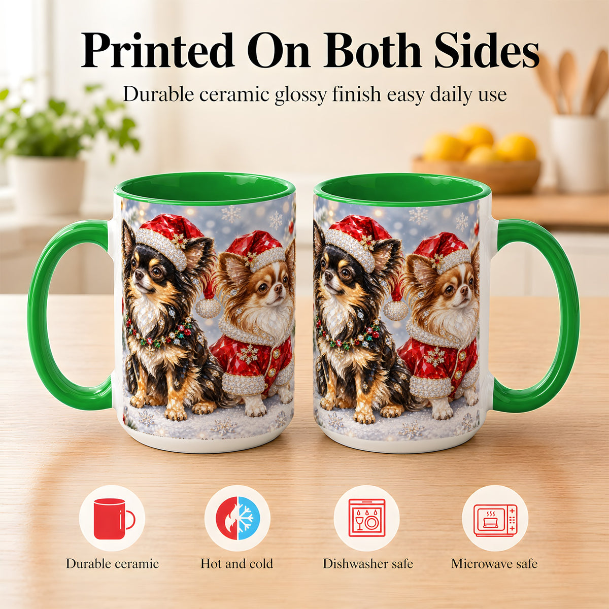#pl[15oz|Green] Christmas Chihuahua Coffee Mug, Jeweled Dog Mug, Ceramic Cup