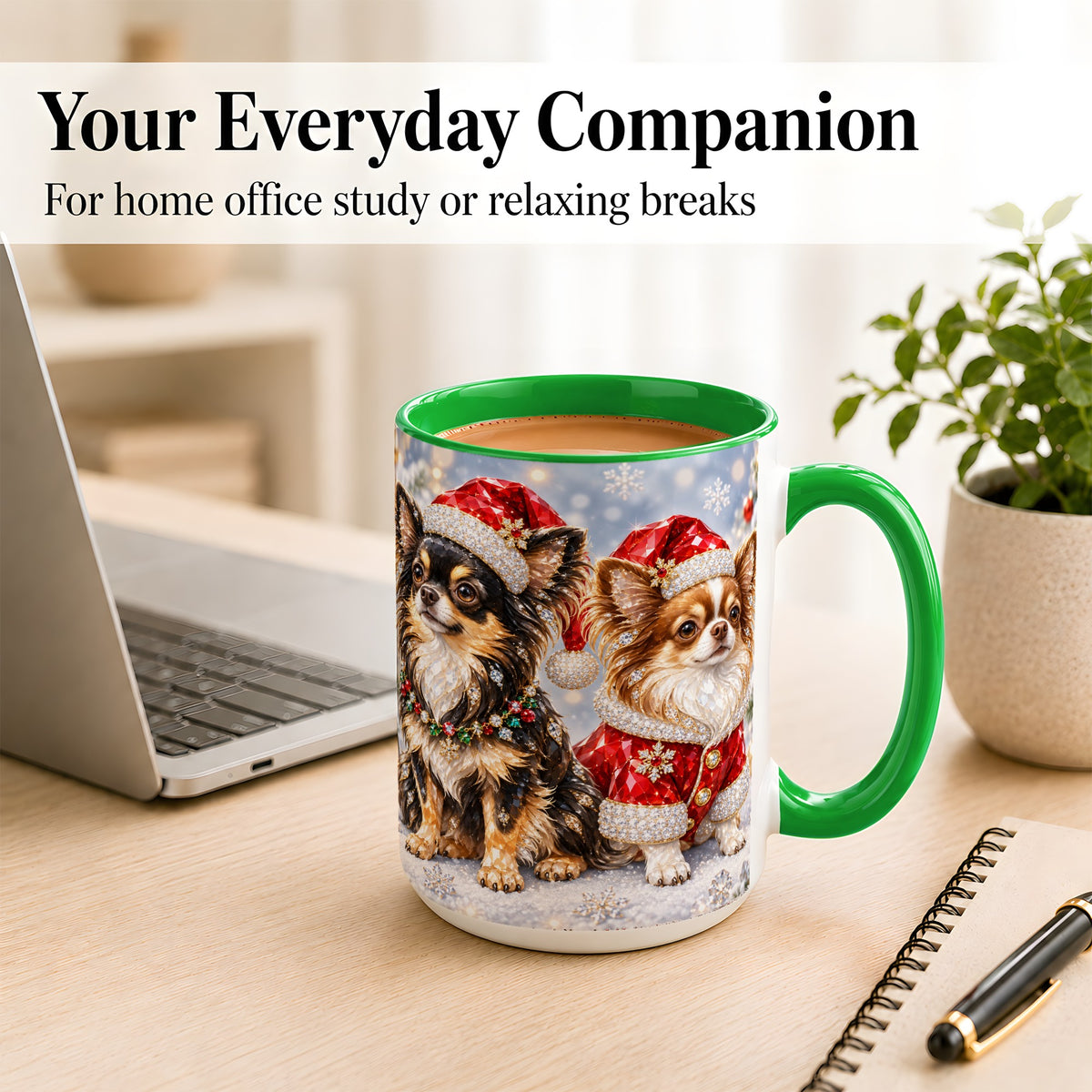 #pl[15oz|Green] Christmas Chihuahua Coffee Mug, Jeweled Dog Mug, Ceramic Cup