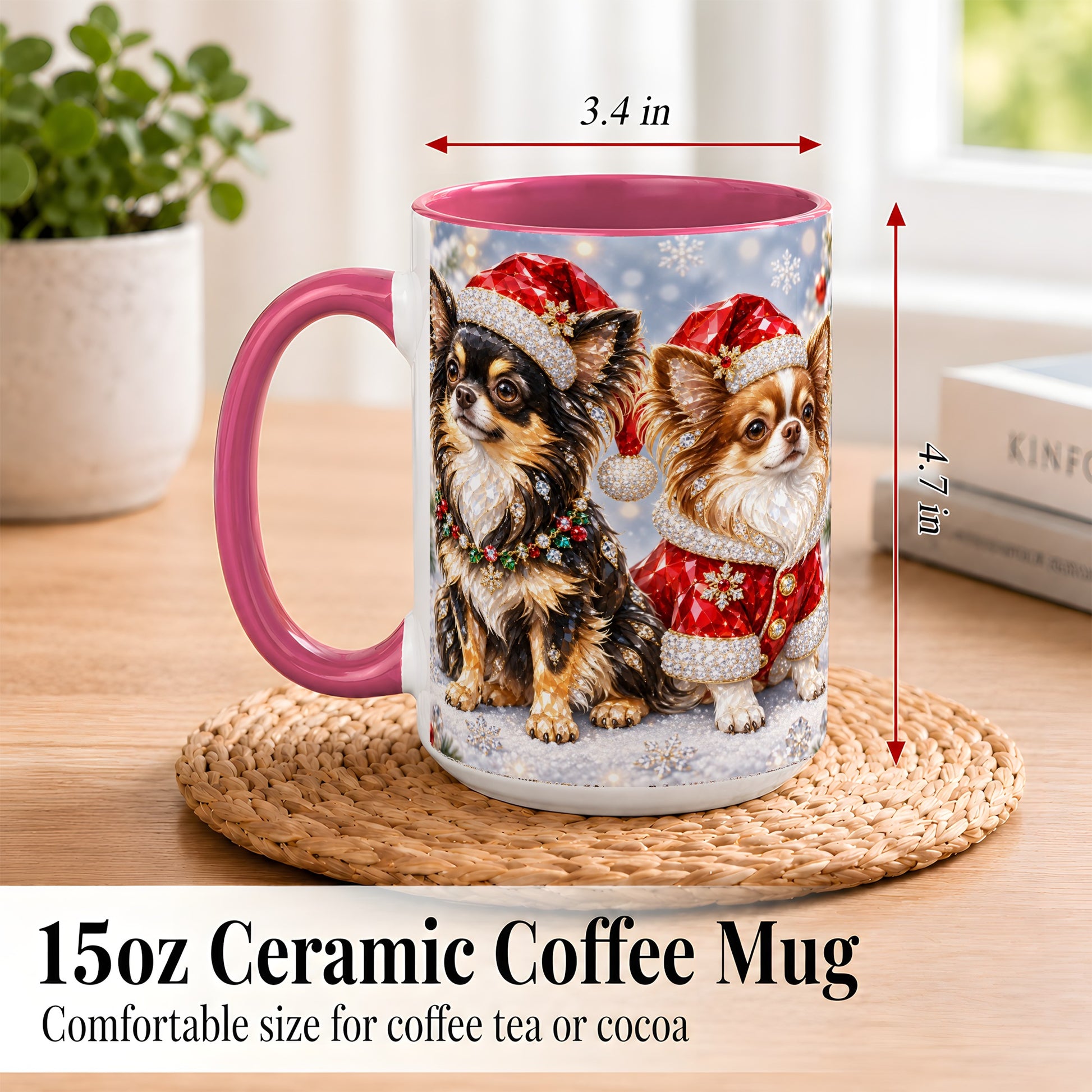 #pl[15oz|Pink] Christmas Chihuahua Coffee Mug, Jeweled Dog Mug, Ceramic Cup
