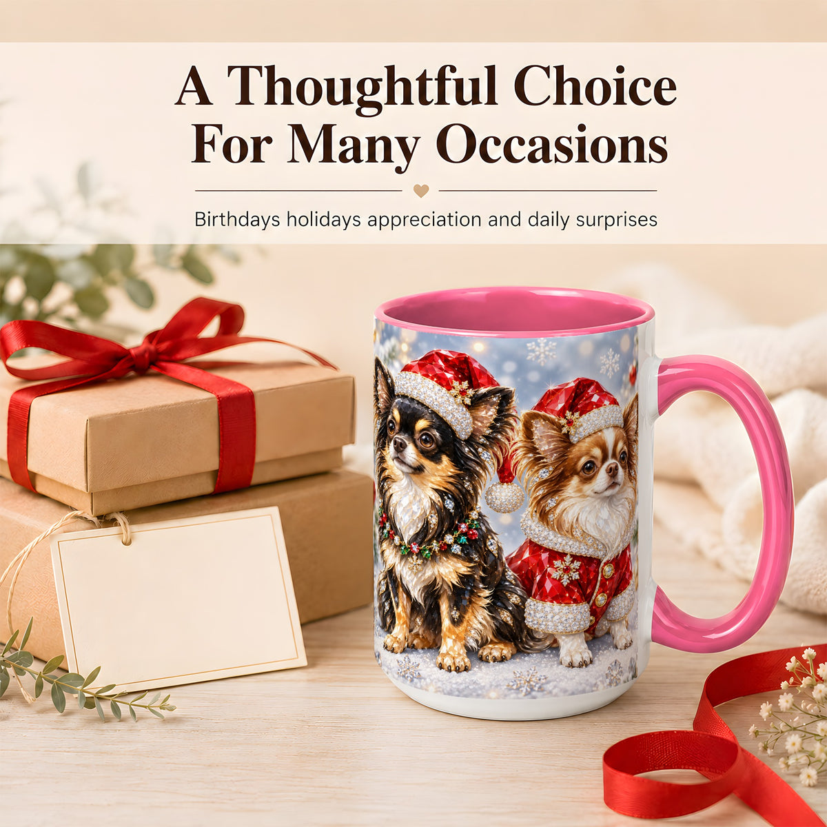 #pl[15oz|Pink] Christmas Chihuahua Coffee Mug, Jeweled Dog Mug, Ceramic Cup
