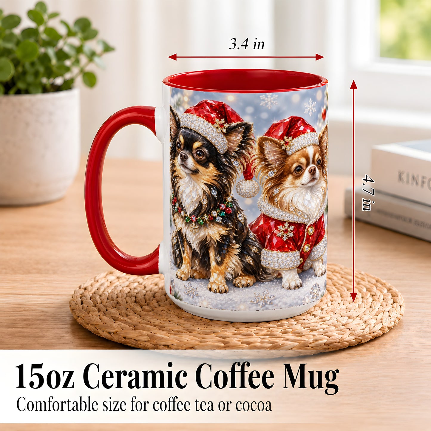#pl[15oz|Red] Christmas Chihuahua Coffee Mug, Jeweled Dog Mug, Ceramic Cup