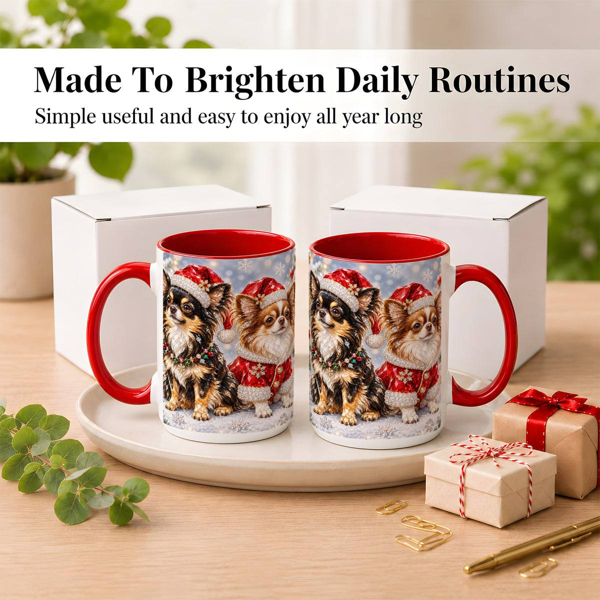 #pl[15oz|Red] Christmas Chihuahua Coffee Mug, Jeweled Dog Mug, Ceramic Cup