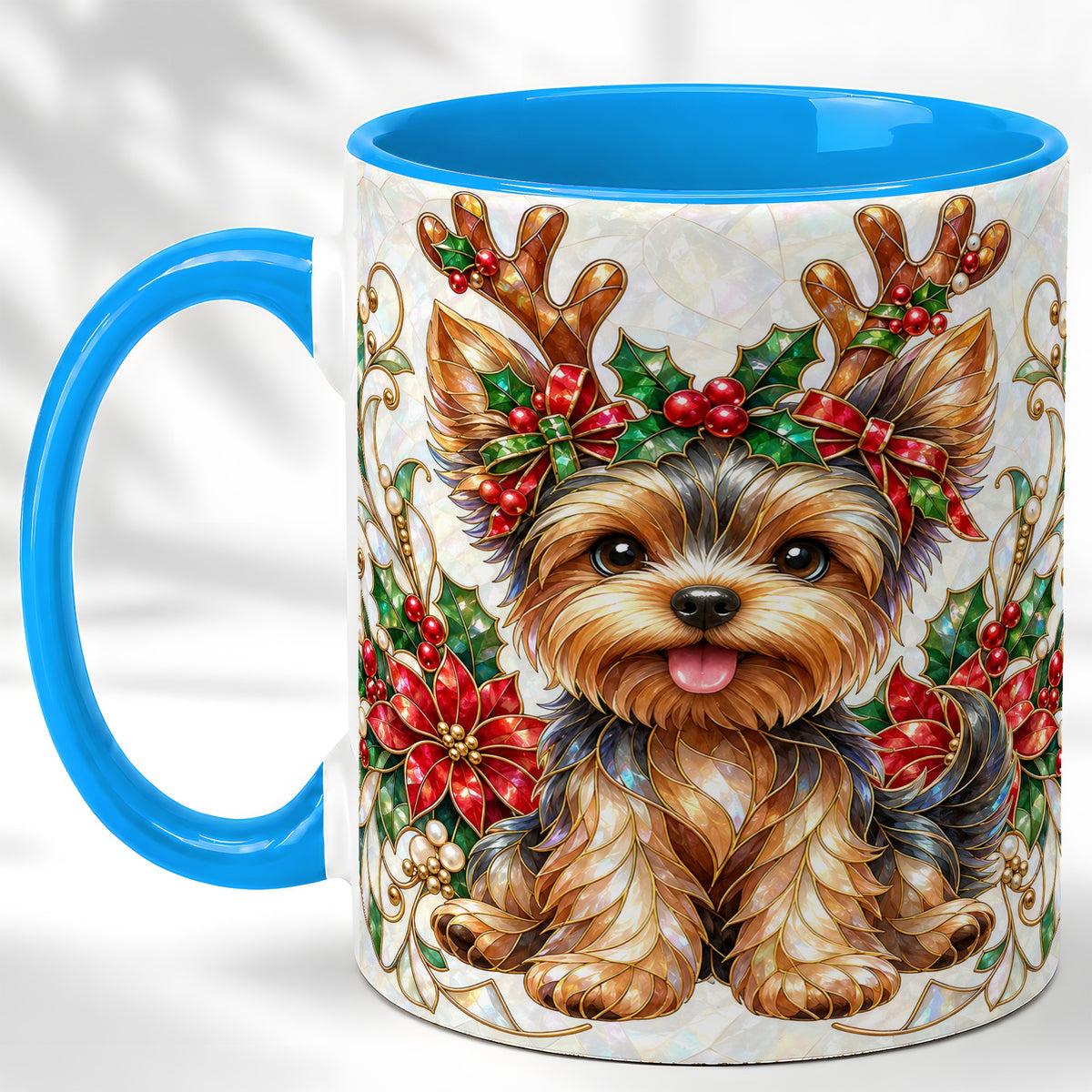 #pl[11oz|Blue] Christmas Yorkie Coffee Mug, Reindeer Dog Mug, Ceramic Cup