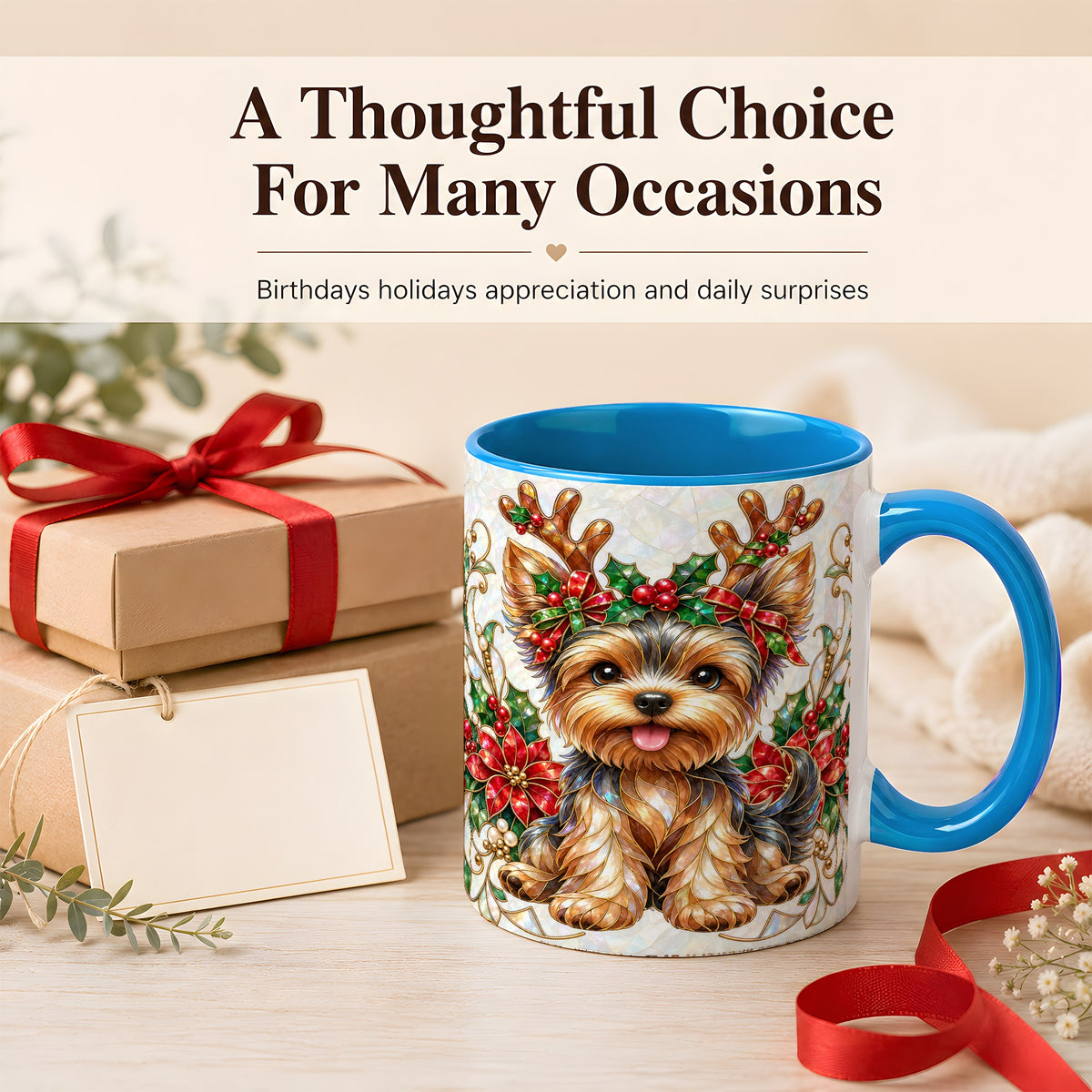 #pl[11oz|Blue] Christmas Yorkie Coffee Mug, Reindeer Dog Mug, Ceramic Cup