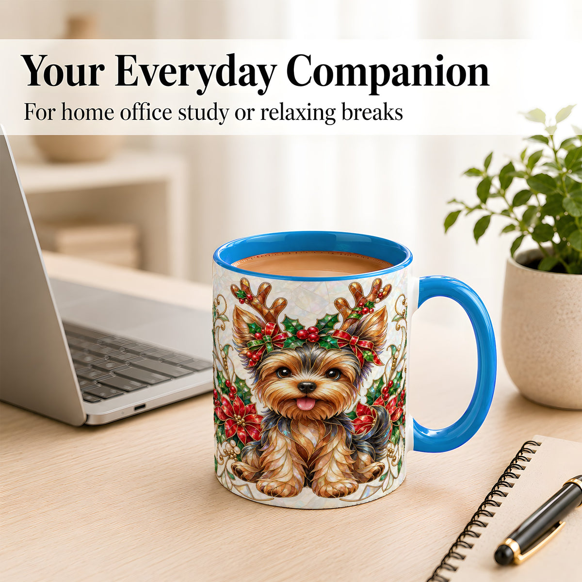 #pl[11oz|Blue] Christmas Yorkie Coffee Mug, Reindeer Dog Mug, Ceramic Cup