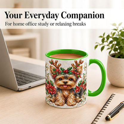#pl[11oz|Green] Christmas Yorkie Coffee Mug, Reindeer Dog Mug, Ceramic Cup