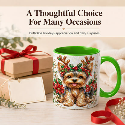 #pl[11oz|Green] Christmas Yorkie Coffee Mug, Reindeer Dog Mug, Ceramic Cup
