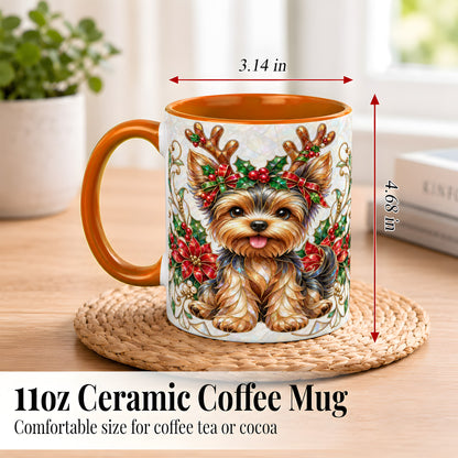 #pl[11oz|Orange] Christmas Yorkie Coffee Mug, Reindeer Dog Mug, Ceramic Cup