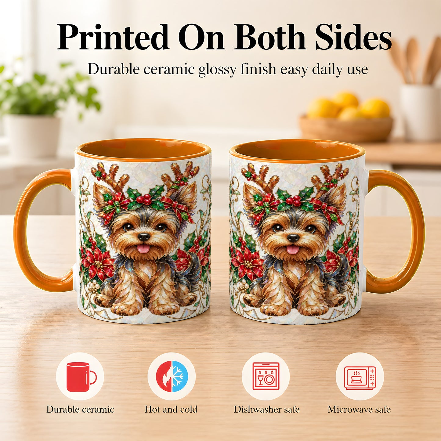 #pl[11oz|Orange] Christmas Yorkie Coffee Mug, Reindeer Dog Mug, Ceramic Cup