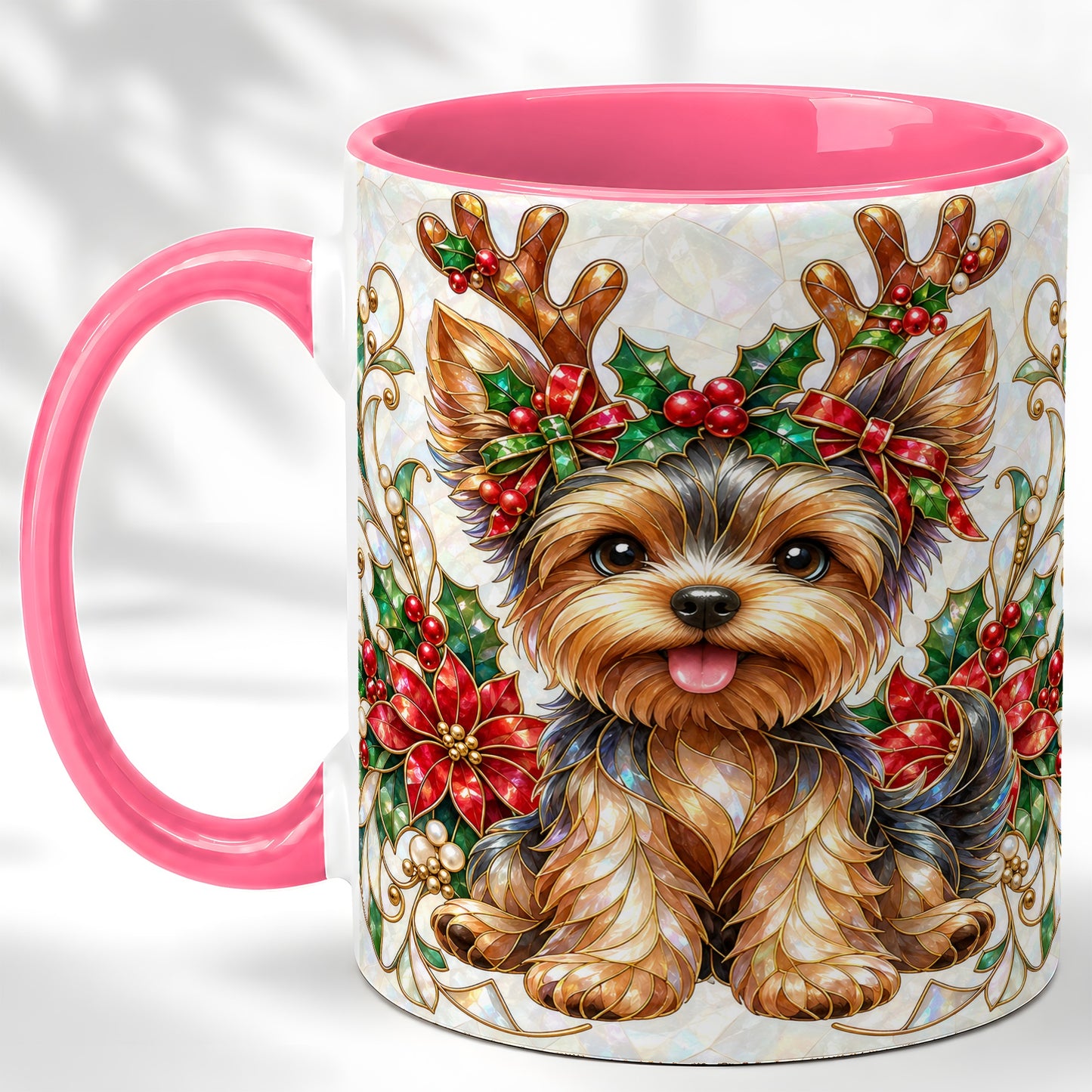 #pl[11oz|Pink] Christmas Yorkie Coffee Mug, Reindeer Dog Mug, Ceramic Cup