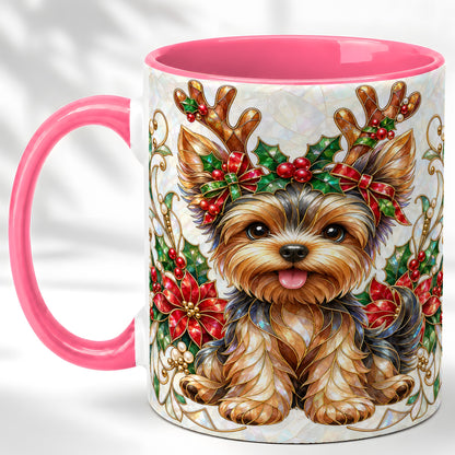 #pl[11oz|Pink] Christmas Yorkie Coffee Mug, Reindeer Dog Mug, Ceramic Cup