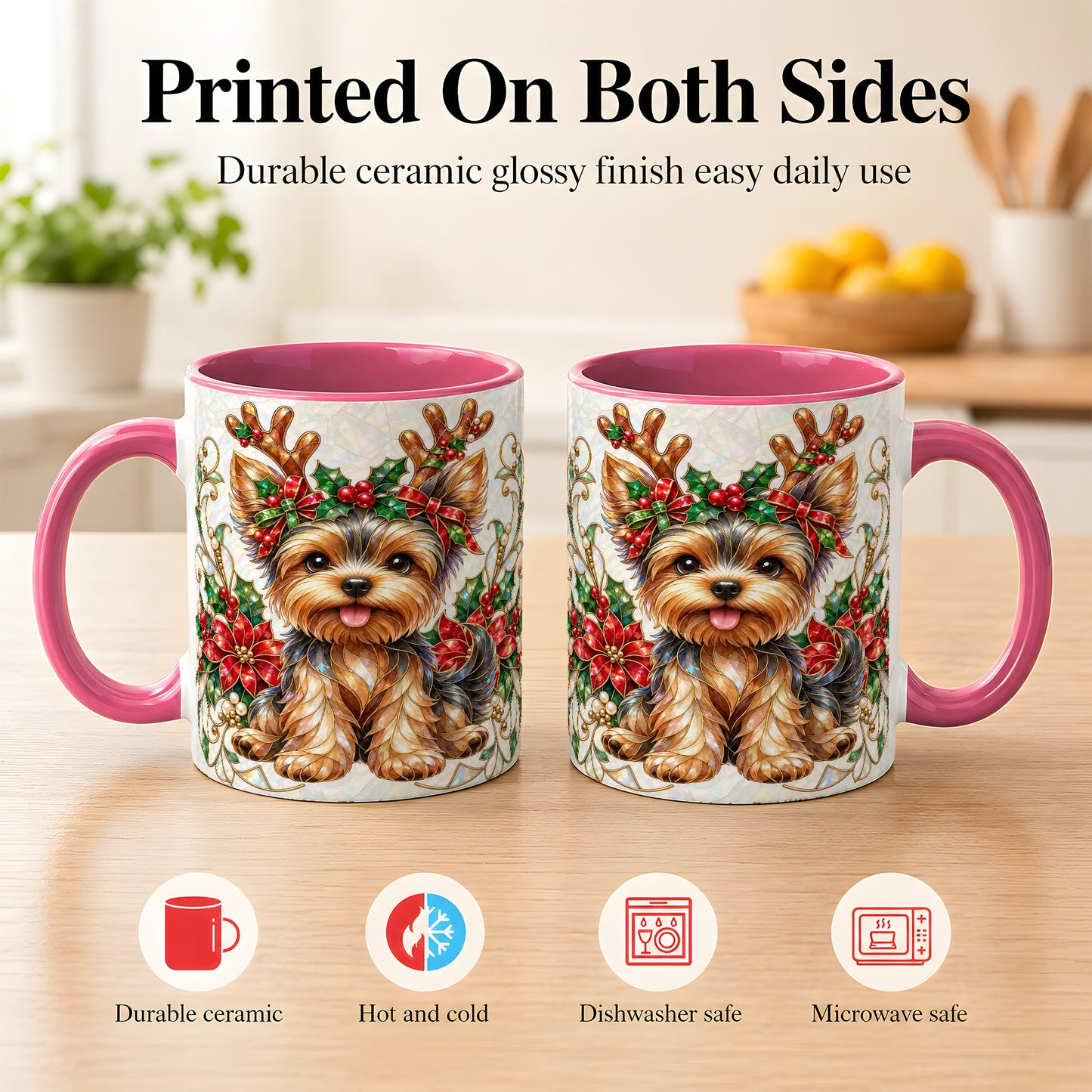 #pl[11oz|Pink] Christmas Yorkie Coffee Mug, Reindeer Dog Mug, Ceramic Cup