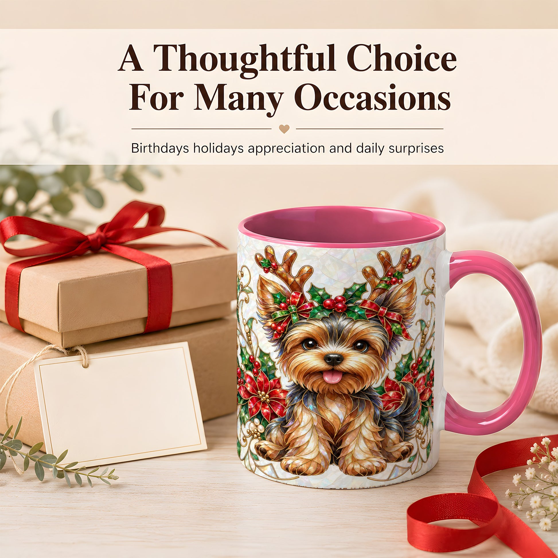 #pl[11oz|Pink] Christmas Yorkie Coffee Mug, Reindeer Dog Mug, Ceramic Cup