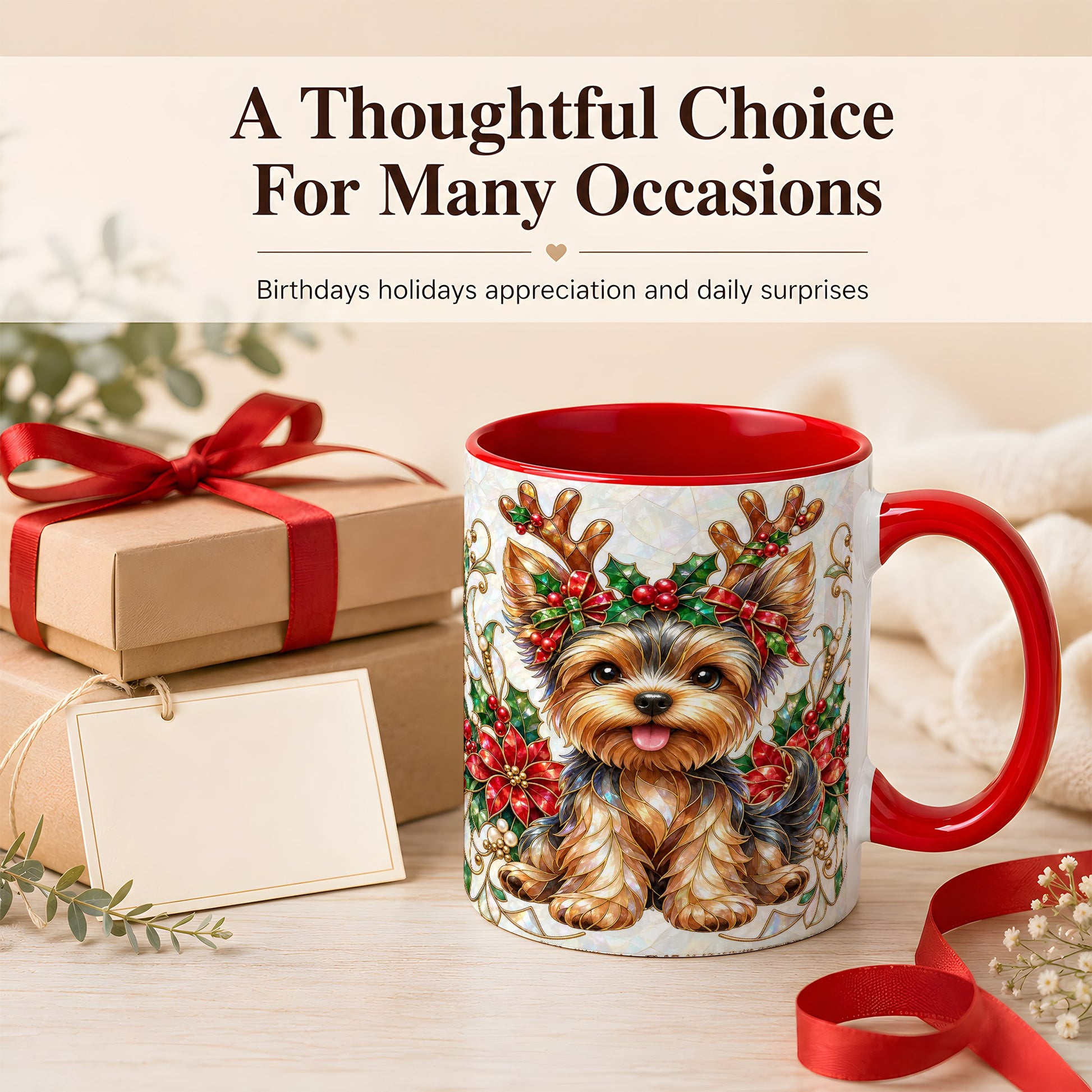 #pl[11oz|Red] Christmas Yorkie Coffee Mug, Reindeer Dog Mug, Ceramic Cup
