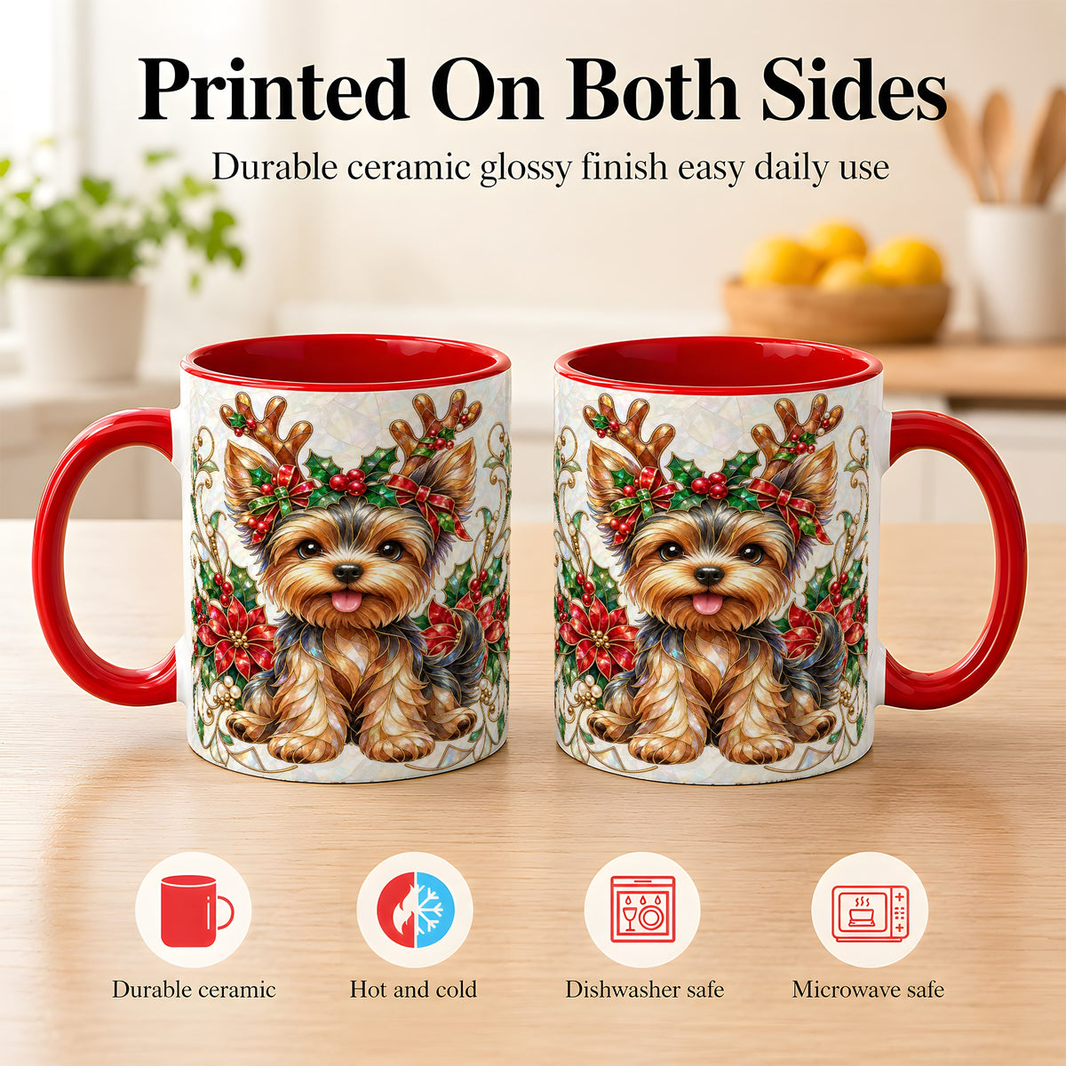 #pl[11oz|Red] Christmas Yorkie Coffee Mug, Reindeer Dog Mug, Ceramic Cup