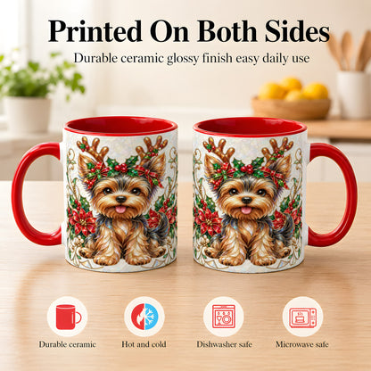 #pl[11oz|Red] Christmas Yorkie Coffee Mug, Reindeer Dog Mug, Ceramic Cup