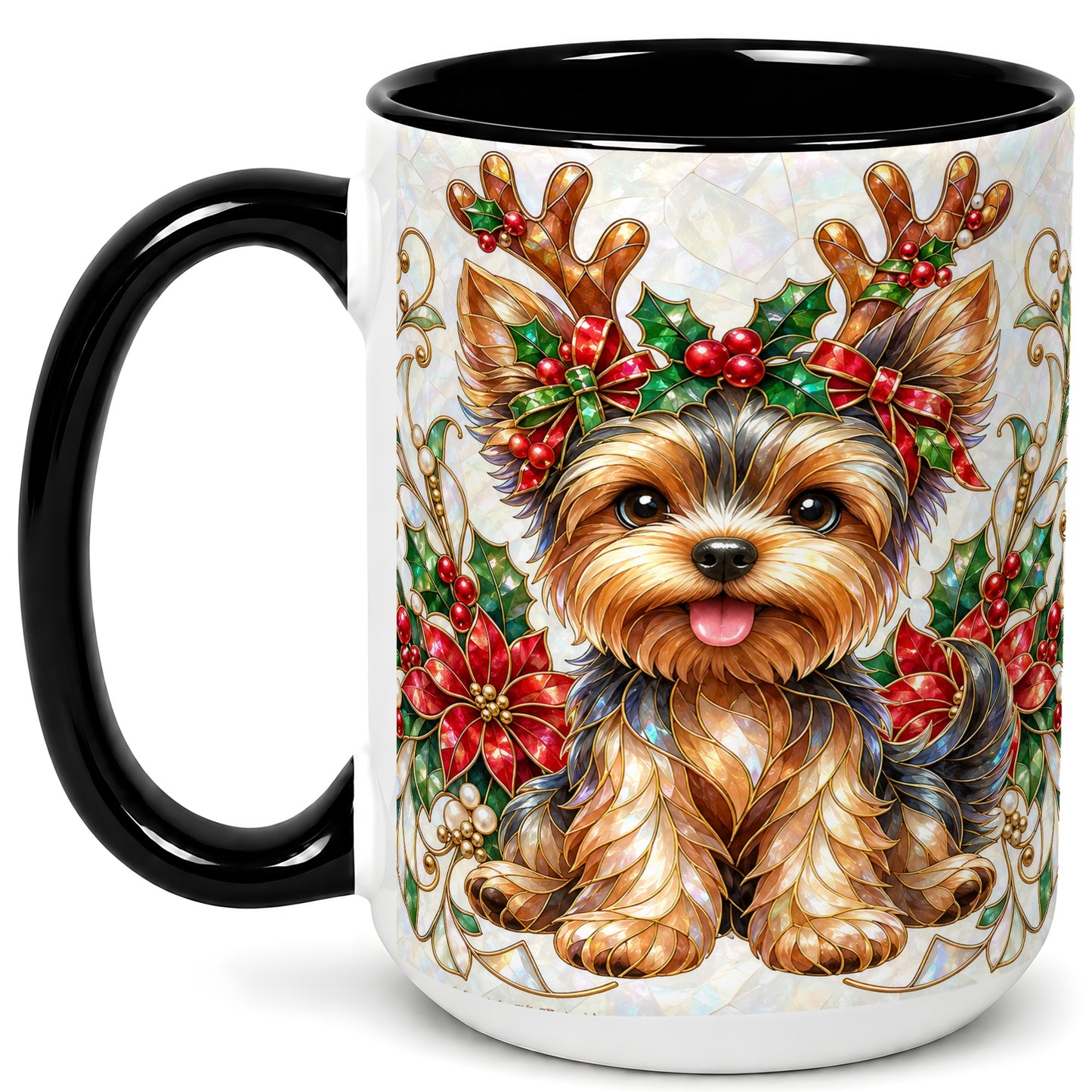#pl[15oz|Black] Christmas Yorkie Coffee Mug, Reindeer Dog Mug, Ceramic Cup