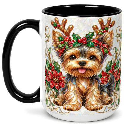 #pl[15oz|Black] Christmas Yorkie Coffee Mug, Reindeer Dog Mug, Ceramic Cup