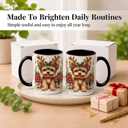 #pl[15oz|Black] Christmas Yorkie Coffee Mug, Reindeer Dog Mug, Ceramic Cup