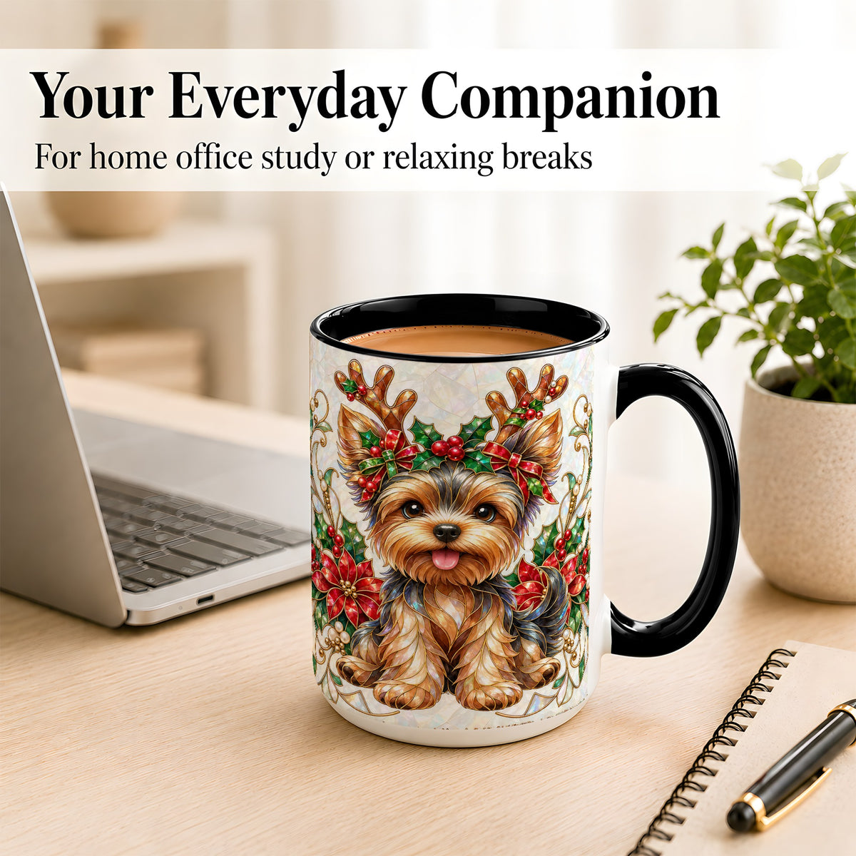 #pl[15oz|Black] Christmas Yorkie Coffee Mug, Reindeer Dog Mug, Ceramic Cup