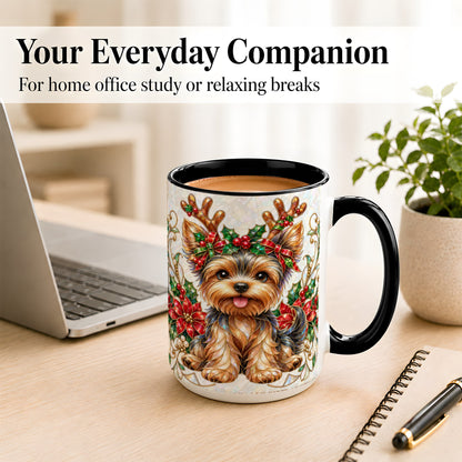 #pl[15oz|Black] Christmas Yorkie Coffee Mug, Reindeer Dog Mug, Ceramic Cup