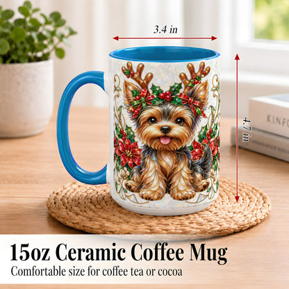 #pl[15oz|Blue] Christmas Yorkie Coffee Mug, Reindeer Dog Mug, Ceramic Cup