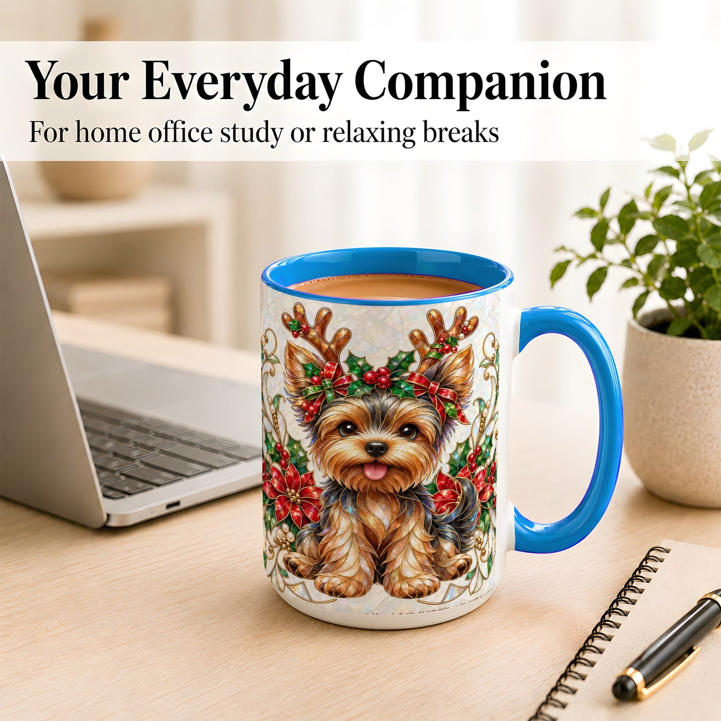 #pl[15oz|Blue] Christmas Yorkie Coffee Mug, Reindeer Dog Mug, Ceramic Cup