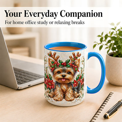 #pl[15oz|Blue] Christmas Yorkie Coffee Mug, Reindeer Dog Mug, Ceramic Cup