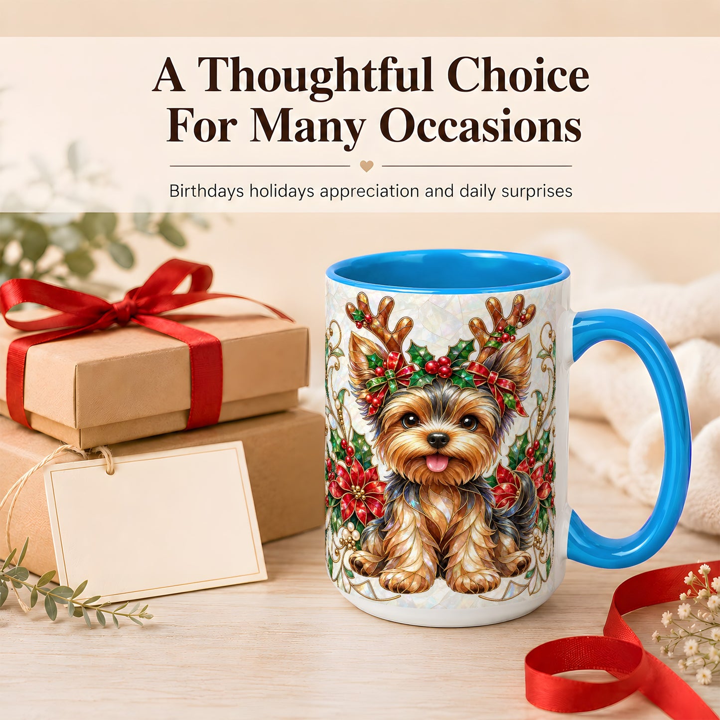#pl[15oz|Blue] Christmas Yorkie Coffee Mug, Reindeer Dog Mug, Ceramic Cup