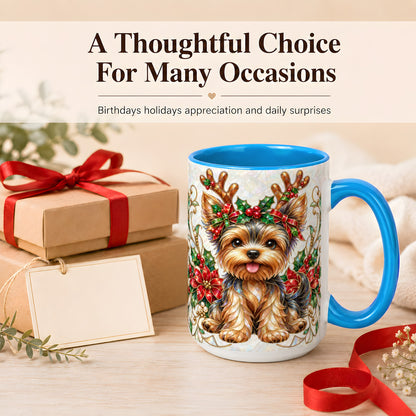 #pl[15oz|Blue] Christmas Yorkie Coffee Mug, Reindeer Dog Mug, Ceramic Cup
