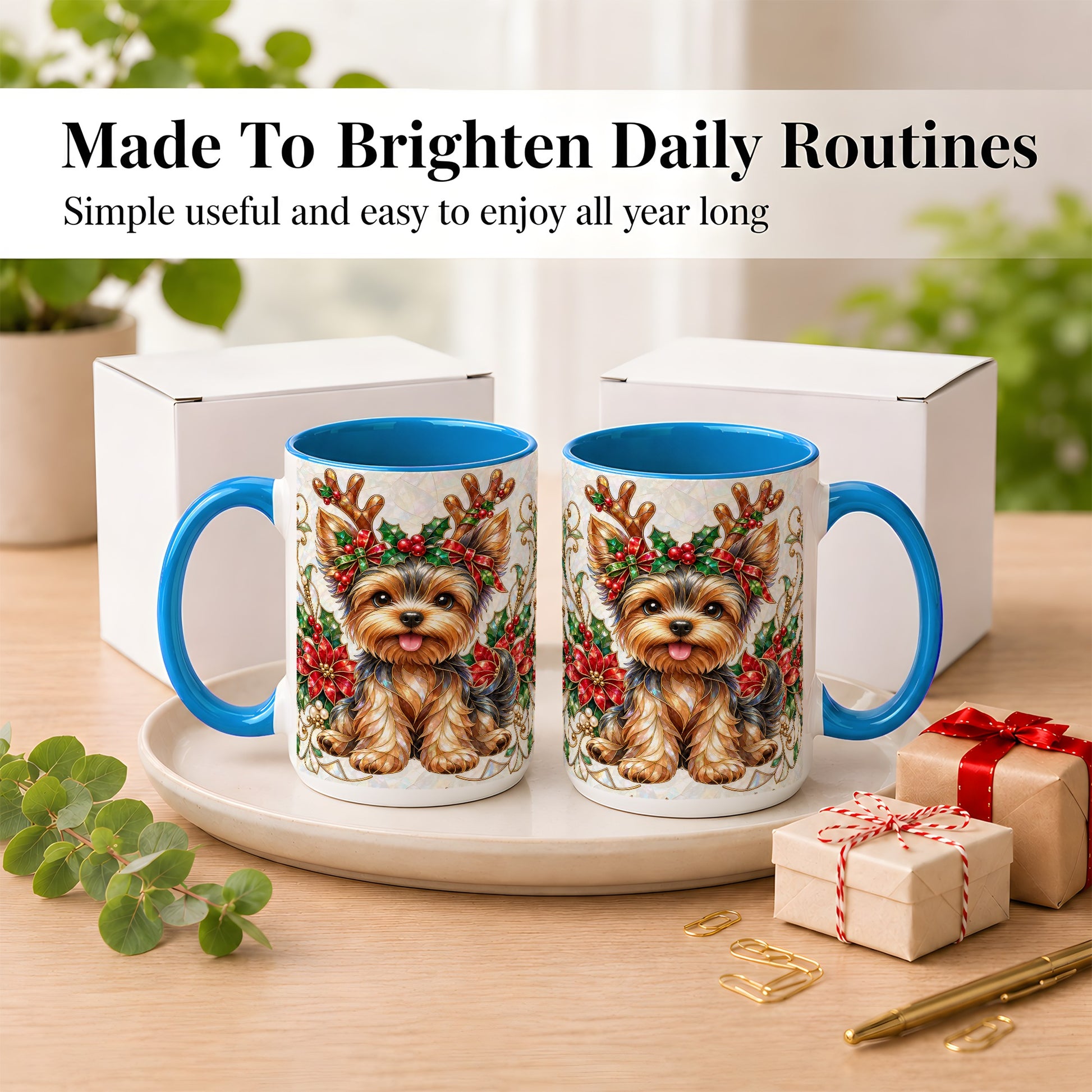 #pl[15oz|Blue] Christmas Yorkie Coffee Mug, Reindeer Dog Mug, Ceramic Cup