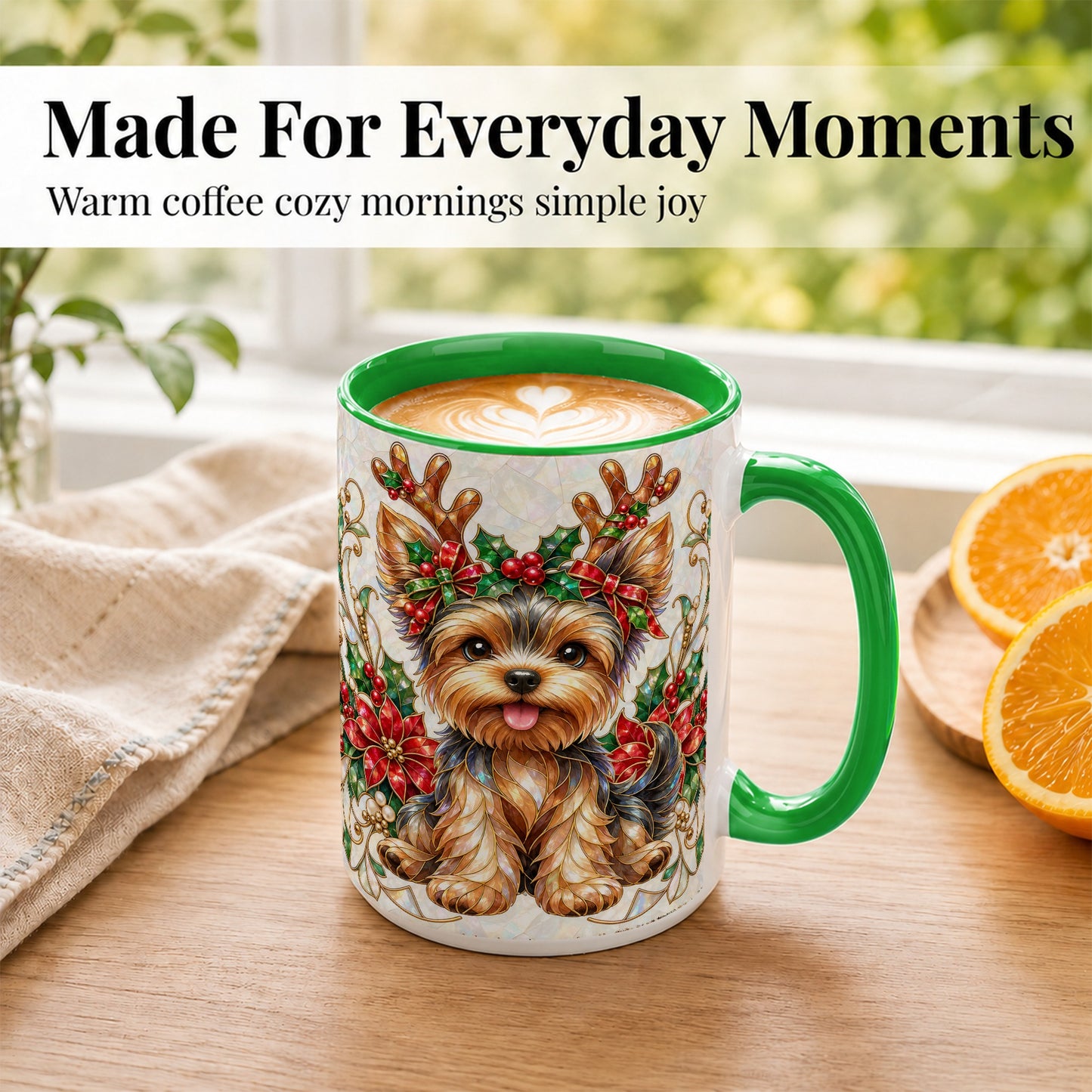 #pl[15oz|Green] Christmas Yorkie Coffee Mug, Reindeer Dog Mug, Ceramic Cup