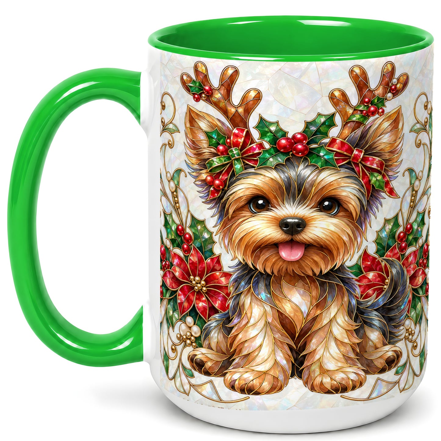 #pl[15oz|Green] Christmas Yorkie Coffee Mug, Reindeer Dog Mug, Ceramic Cup